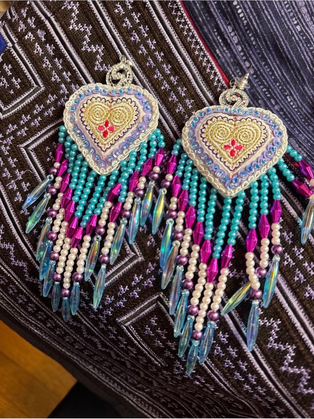 Handcrafted Heart Fringe Statement Earrings in Turquoise & Fuchsia